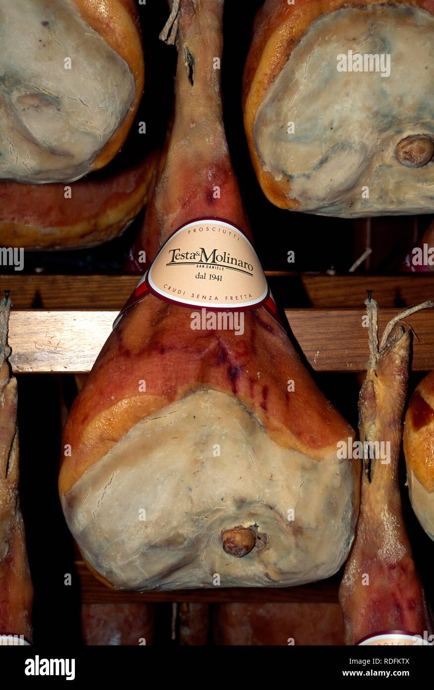 Prosciutto ham, San Daniele del Friuli, Veneto, Friuli, Italy, Europe Stock Photo