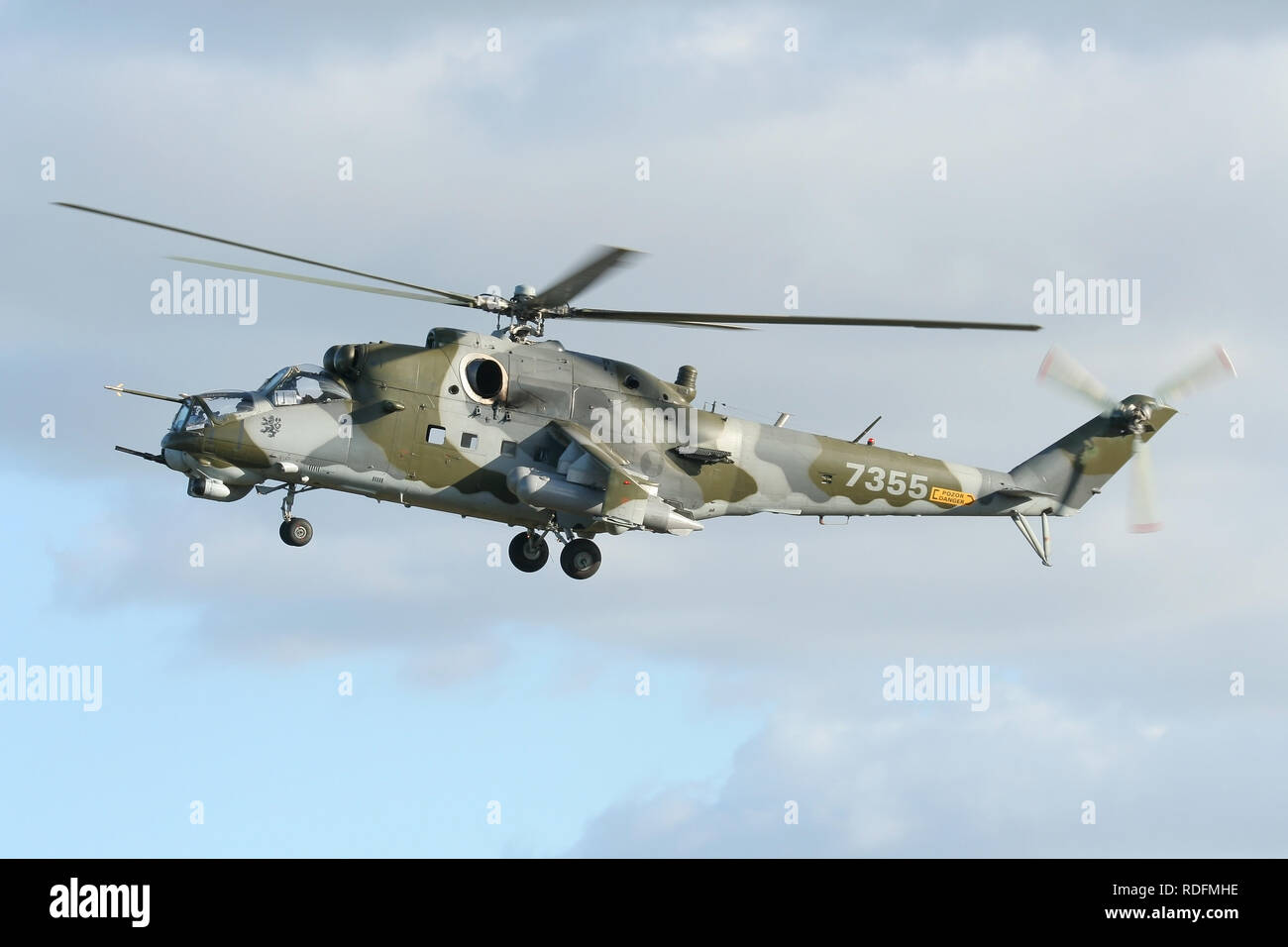 Czech Air Force Mil Mi-35 Hind attack helicopter landing at Wattisham airfield in Suffolk whilst enroute to an air show in Scotland. Stock Photo