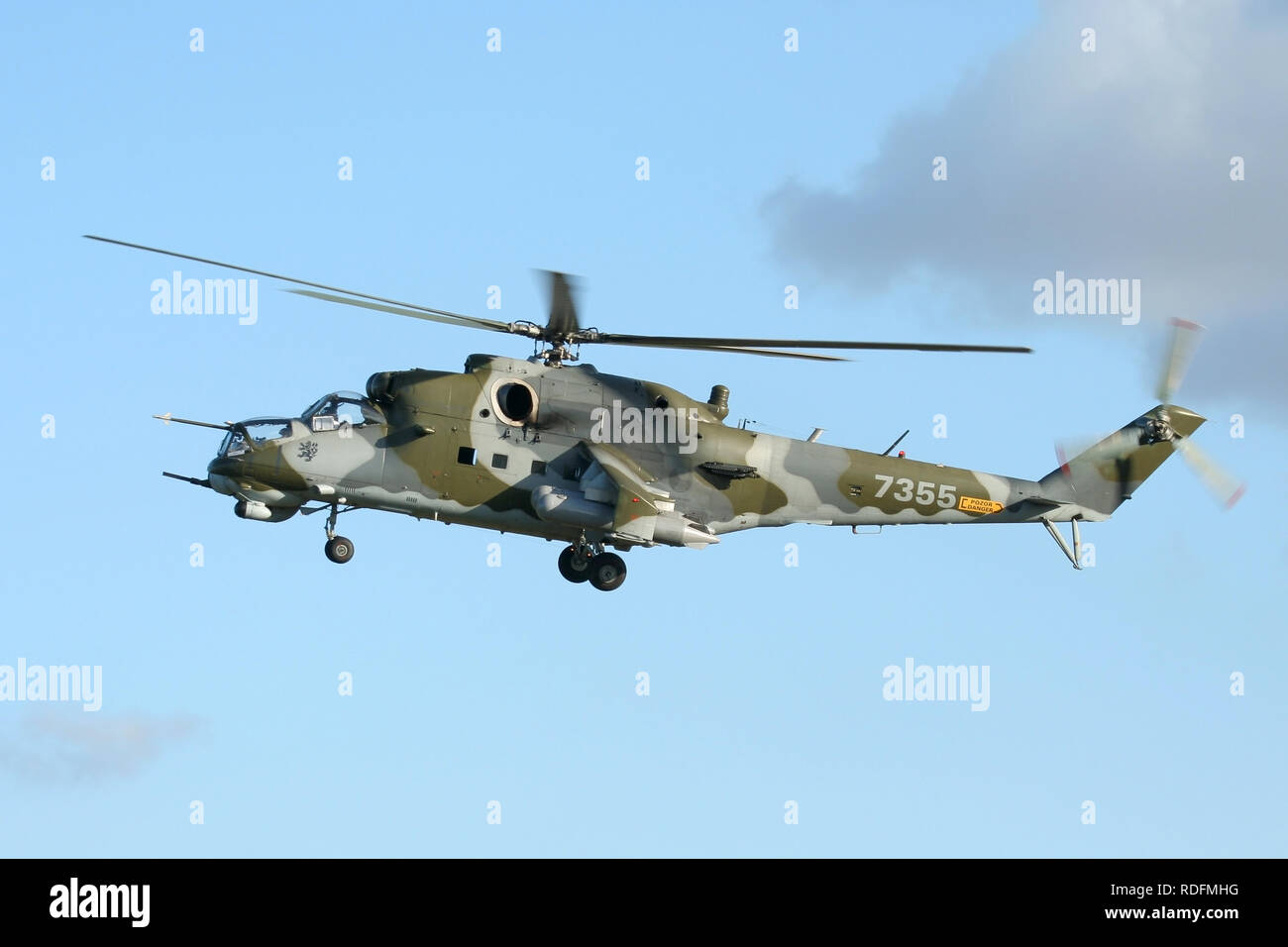 Czech Air Force Mil Mi-35 Hind attack helicopter landing at Wattisham airfield in Suffolk whilst enroute to an air show in Scotland. Stock Photo