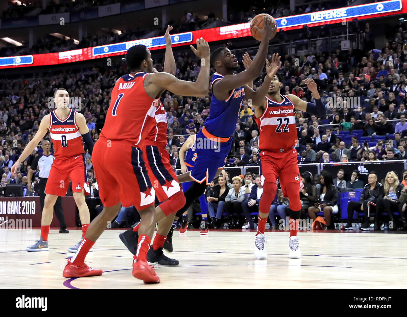 New York Knicks' Emmanuel Mudiay dives for the basket during the NBA London Game 2019 at the O2 Arena, London. Stock Photo