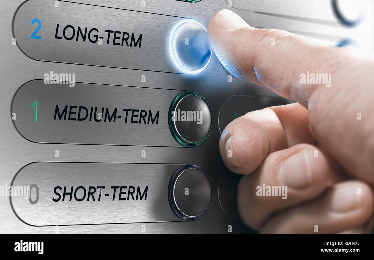 Man pushing an elevator buttons where it is written long term. Investment Concept. Composite image between a hand photography and a 3D background. Stock Photo