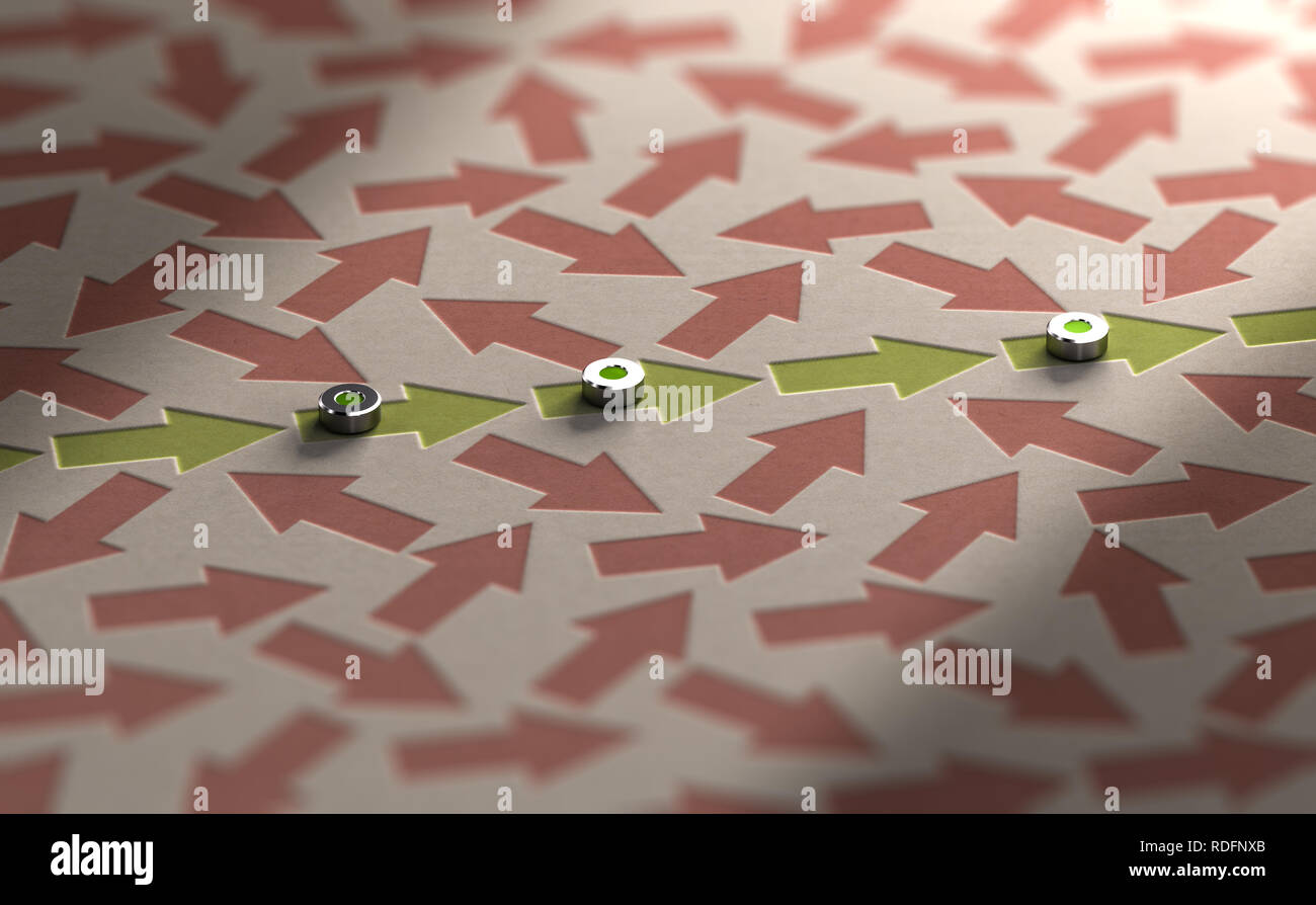 3D illustration of arrows going straight ahead sourounded by many other in a mess. Organization vs disorganization or rationality versus irrationality Stock Photo