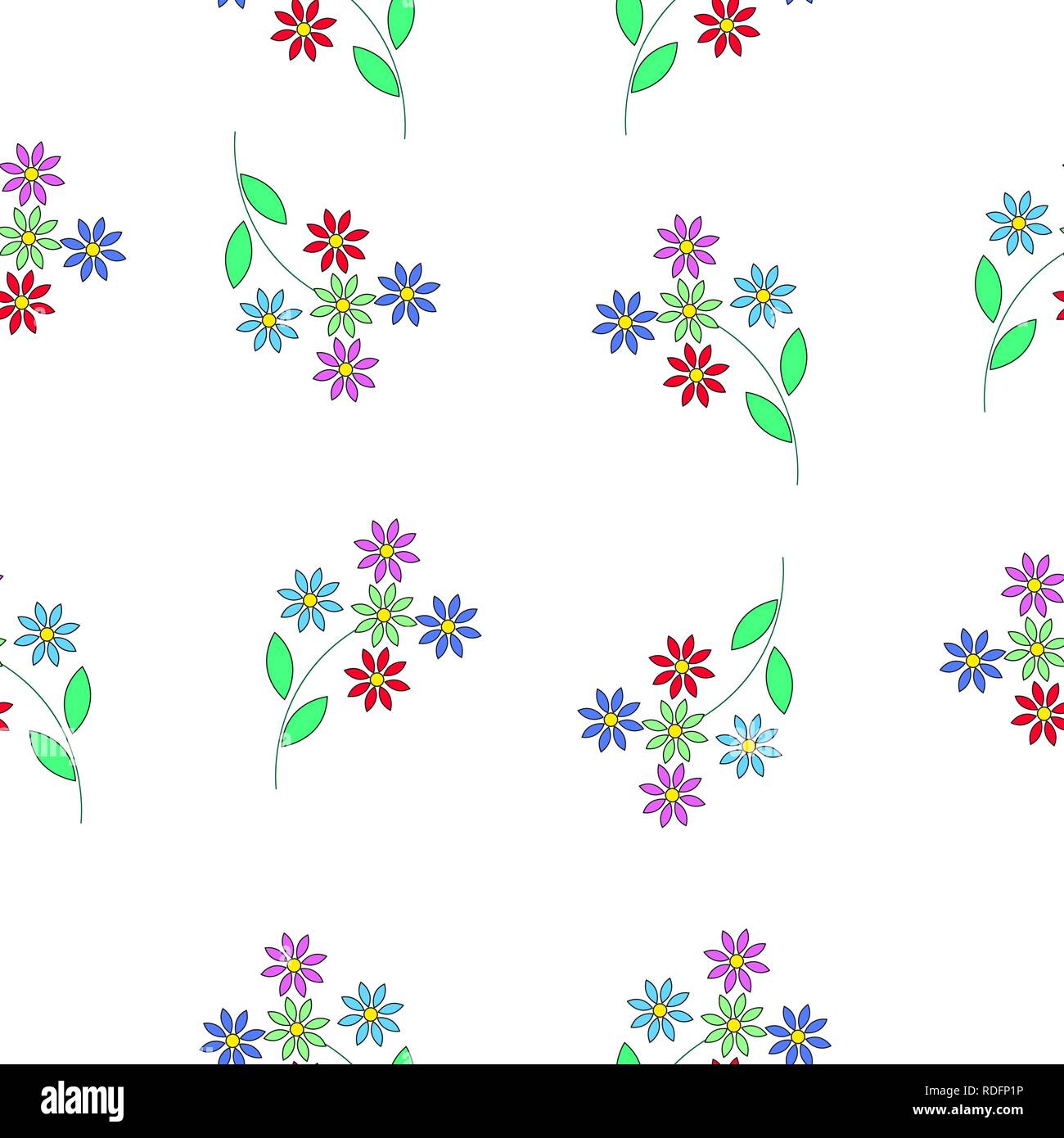 Seamless pattern of red, purple, green and blue flowers on fabric, etc. Stock Vector