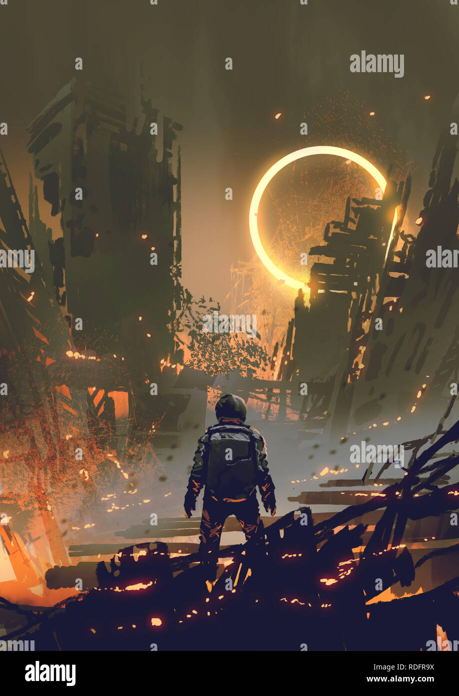 astronaut standing in a burnt city and looking at a yellow glowing ring in the dark sky, digital art style, illustration painting Stock Photo