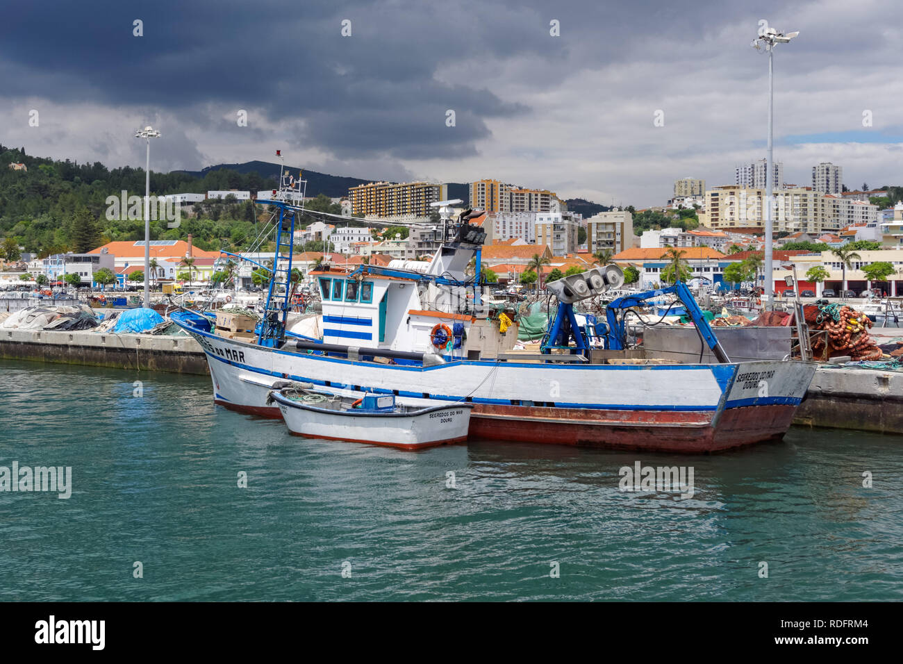 Fishing boats at Setúbal Harbor Fishing Dock, Setúbal, Portugal Stock Photo