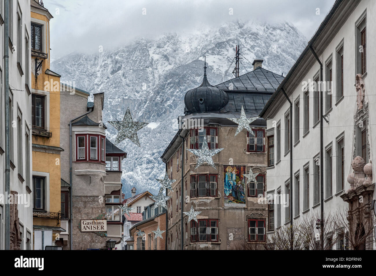 HALL IN TIROL, AUSTRIA - DECEMBER, 30 2018: Traditional buildings and colorful facades of houses in the medieval town of Hall in Tyrol, Austria Stock Photo