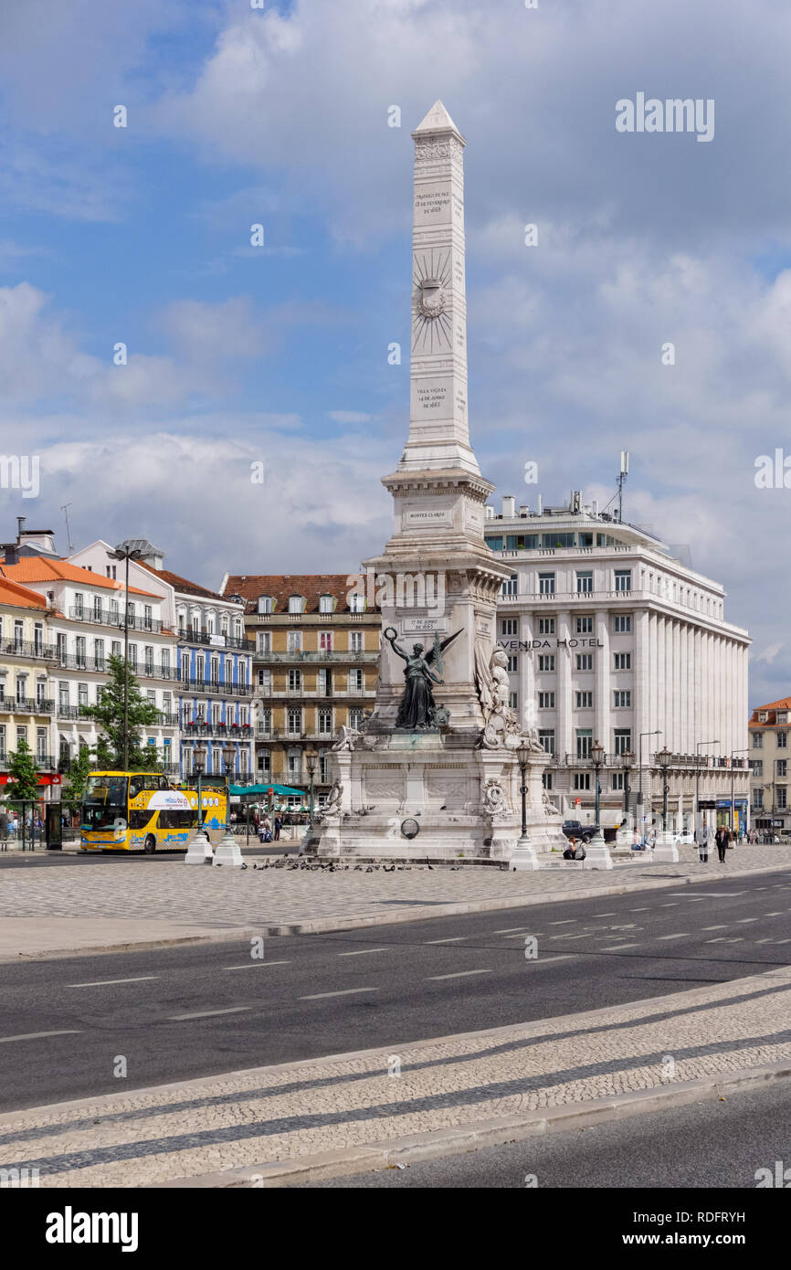 The Monument to the Restorers located in Restauradores Square in Lisbon, Portugal Stock Photo