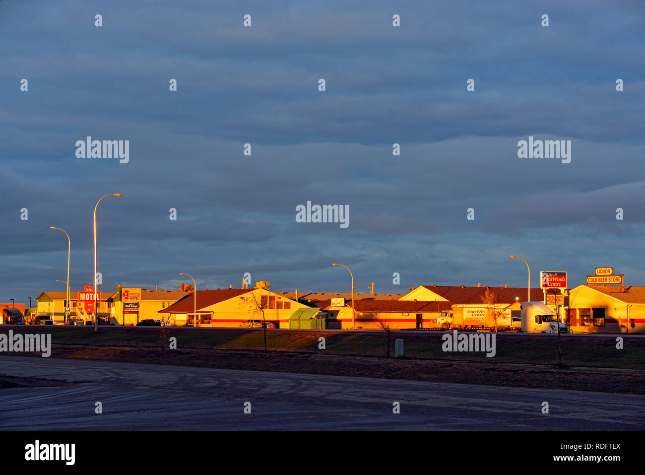 Town of High Level 'main street' at dawn, High Level, Alberta, Canada