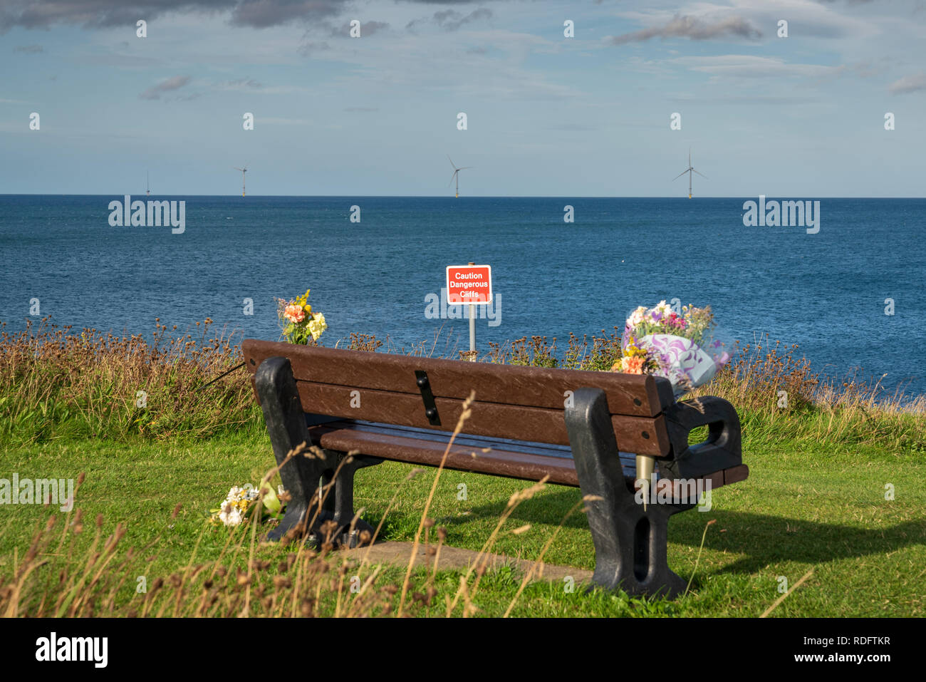 A bench with flowers, seen at North Sea coast in Collywell Bay, Seaton Sluice in Northumberland, England, UK Stock Photo