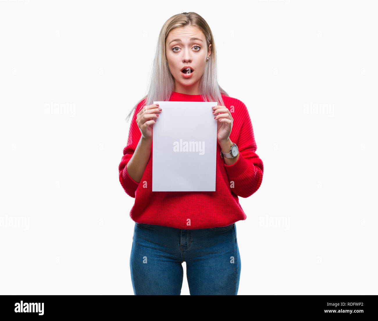 Afraid Paper Young blonde woman holding blank paper sheet over isolated background ...