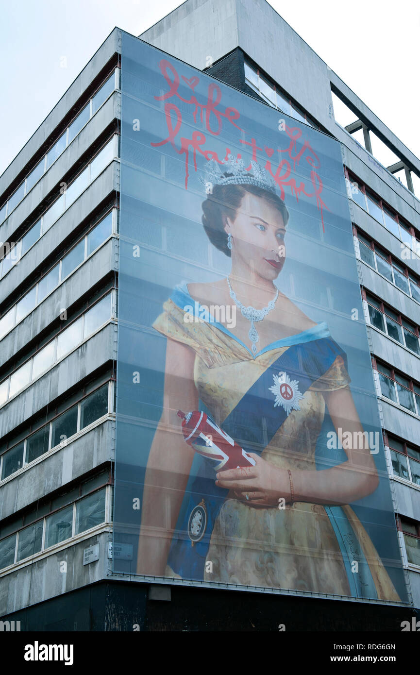Queen Elizabeth II with Union Jack spray paint at the art exhibition of