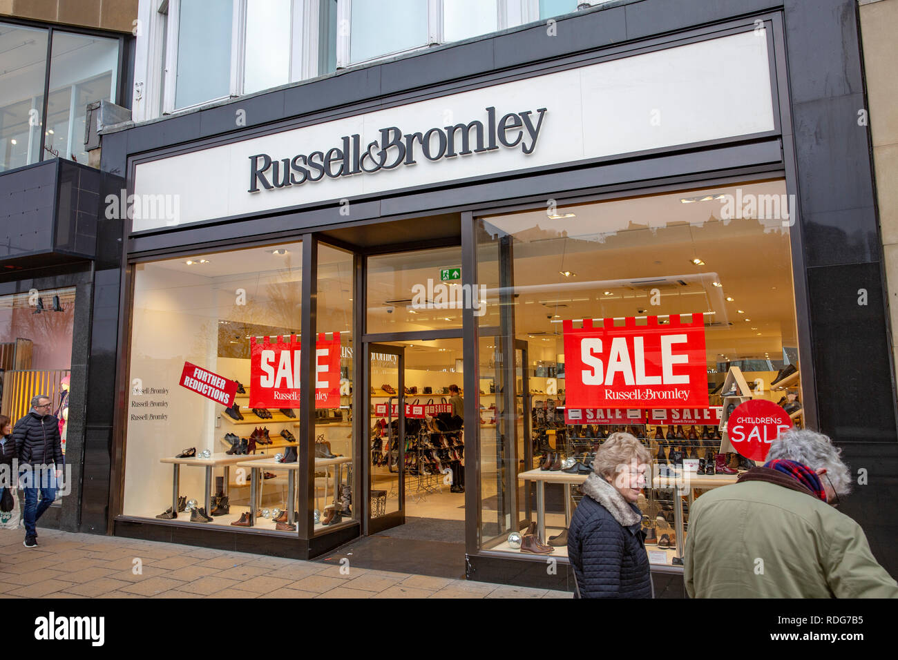Russell and Bromley shoe store shop with January sales advertised, Princes Street,Edinburgh,Scotland Stock Photo
