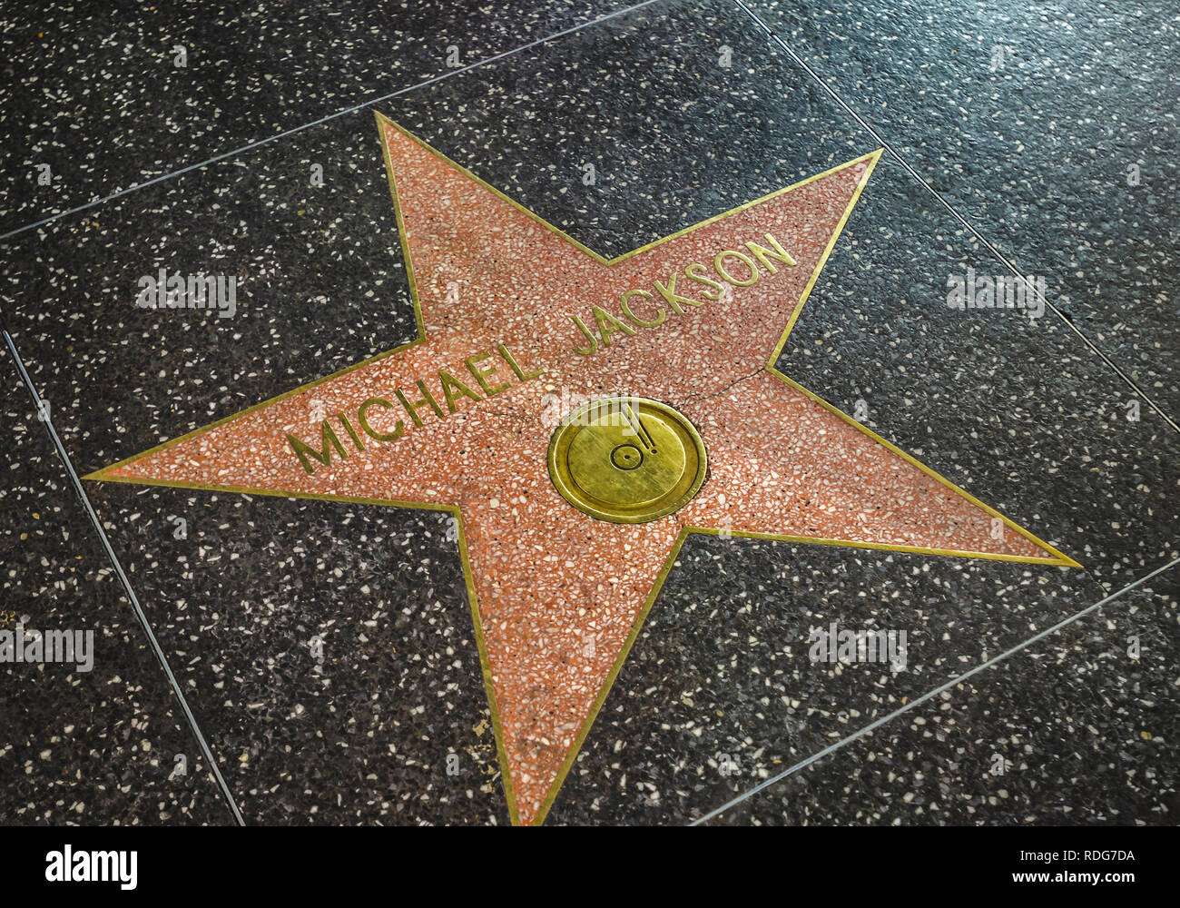 Los Angeles, California, USA - June 09, 2011: Name of pop star Michael Jackson on the Hollywood Walk of Fame. Jackson's star, set in 1984. Stock Photo