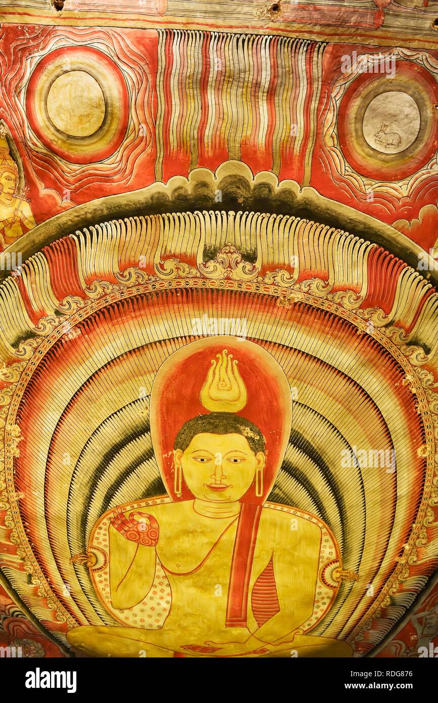 Colourful murals, fresco, artistic Buddha, gesture of discussion and teaching, Vitarka Mudra, Maharaja-Iena room Stock Photo