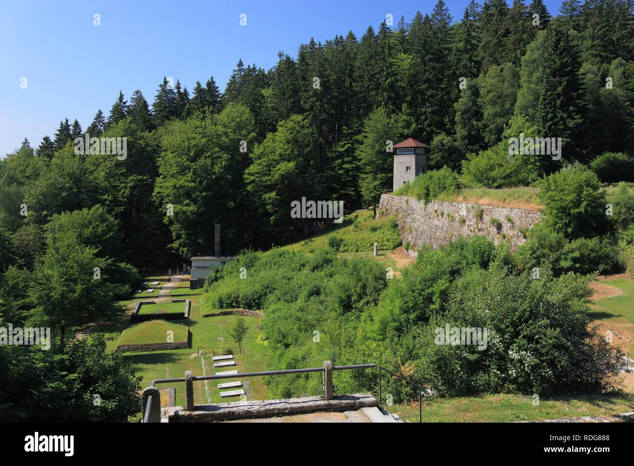 Former guard tower and the Valley of Death in Flossenbuerg Concentration Camp Memorial, district of Neustadt an der Waldnaab Stock Photo