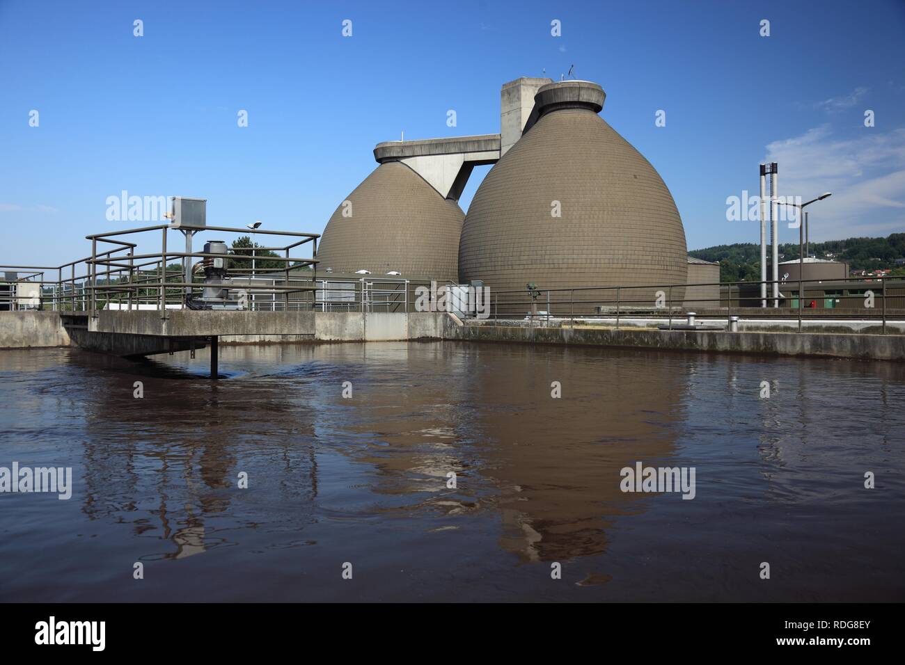 Modern sewage treatment plant, view over a recirculation basin on digester towers, Kulmbach, Bavaria Stock Photo