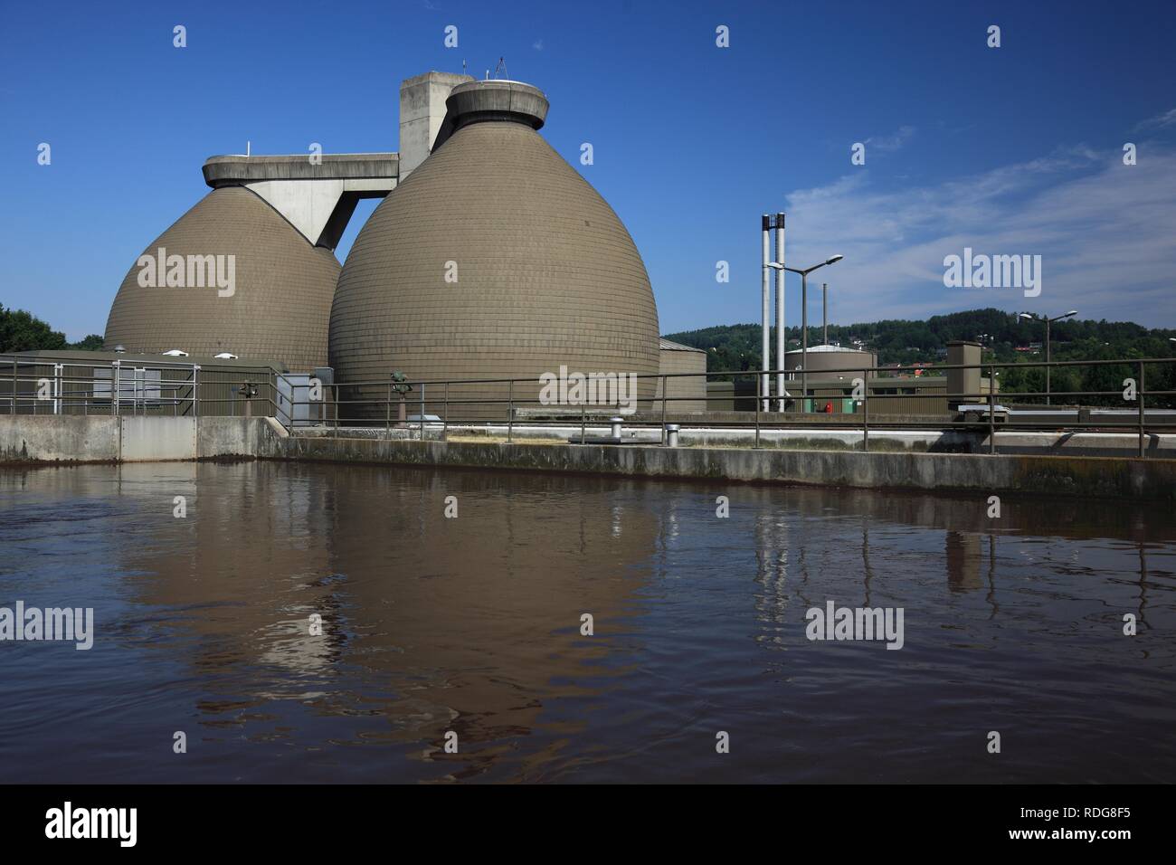 Modern sewage treatment plant, view over a recirculation basin on ...