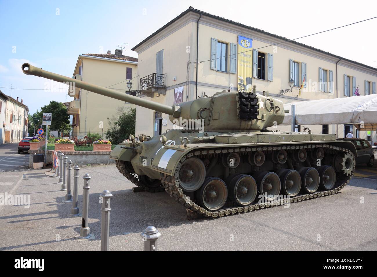 The famous tank from the Don Camillo movie in front of the Don Camillo and Peppone Museum in Brescello, Emilia Romagna, Italy Stock Photo