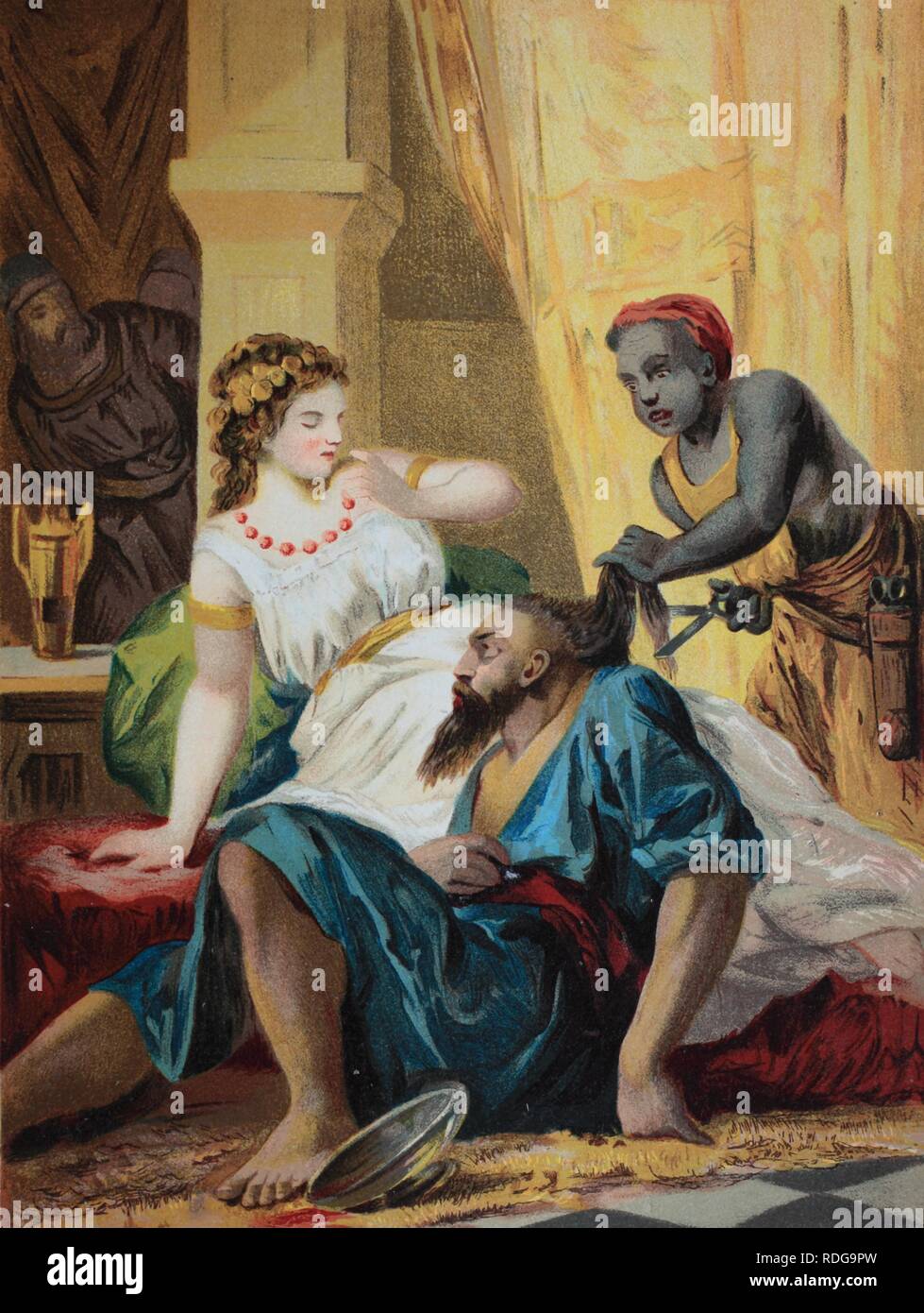 Samson and Delilah, chromolithograph from a home bible, 1870 Stock Photo