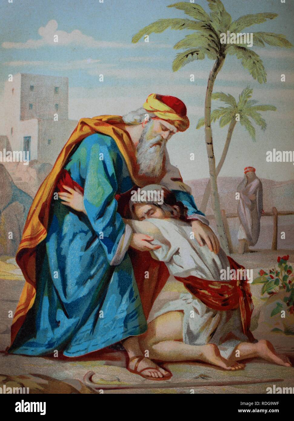 The prodigal son, biblical parable in the Gospel of Luke, chromolithograph from a home bible, 1870 Stock Photo