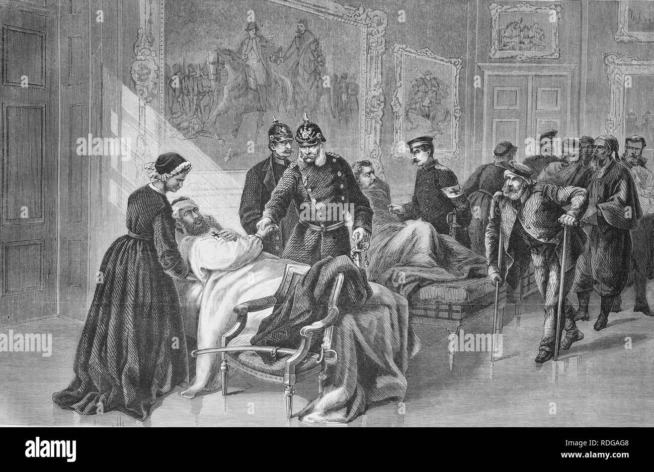 King Wilhelm I in the palace hospital at Versailles, Illustrierte Kriegschronik 1870 - 1871, Illustrated War Chronicle 1870 - Stock Photo