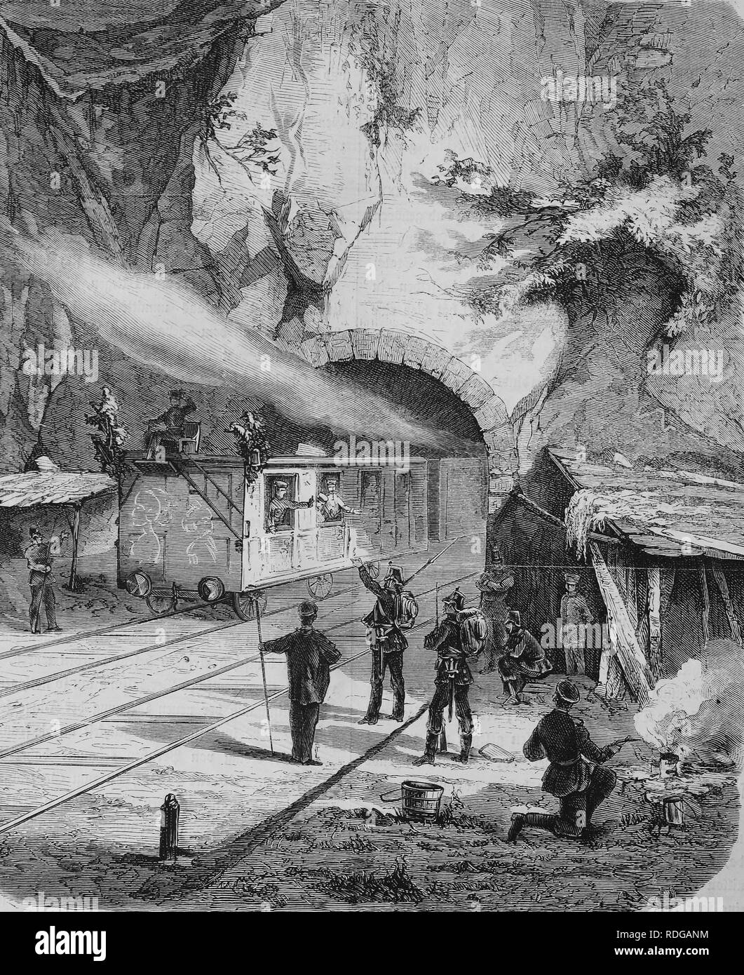 Guarding the railway tunnel near Saarburg by Prussian troops, historical illustration, Illustrierte Kriegschronik 1870 - 1871 Stock Photo