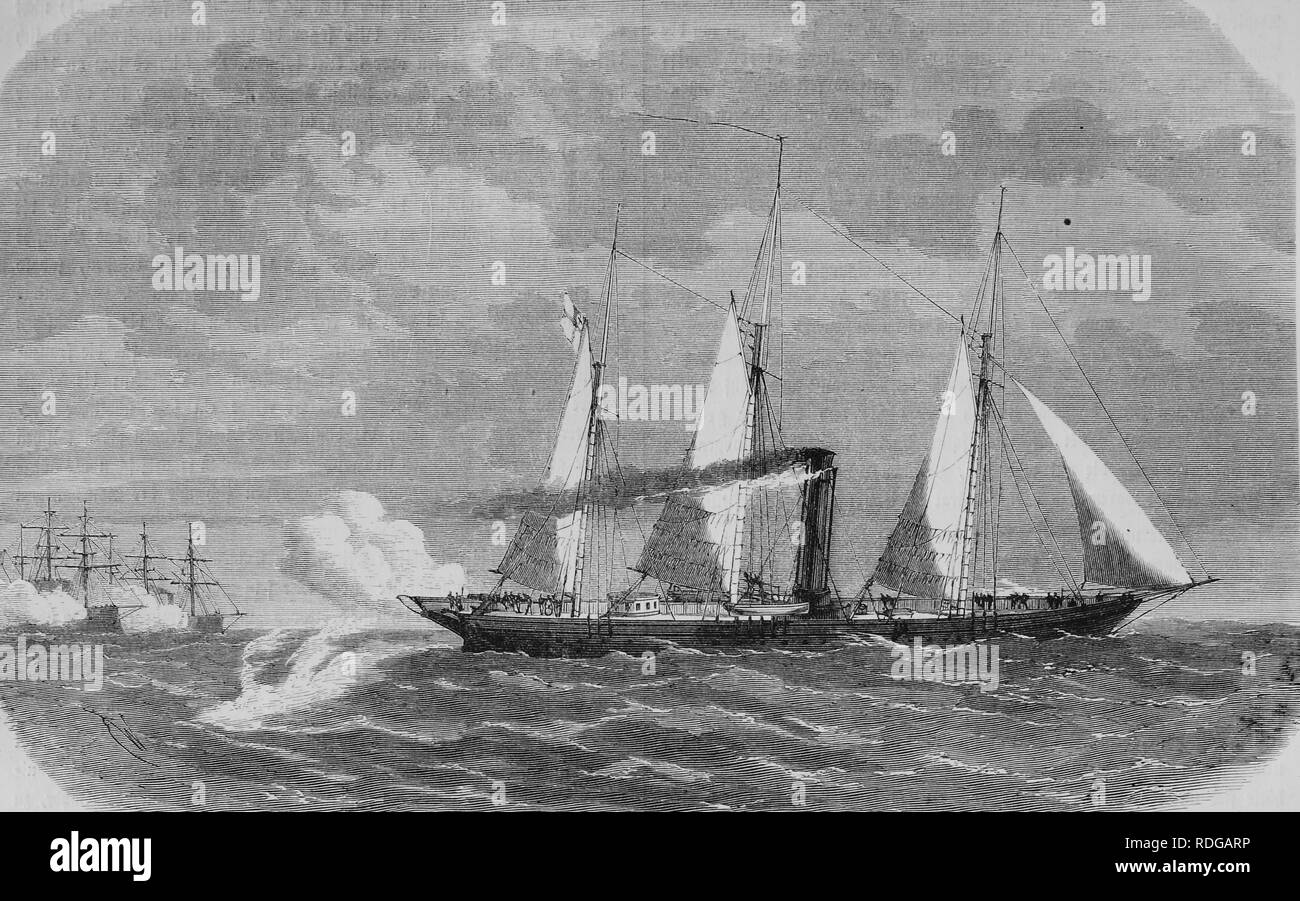 The German yacht Grille at the beginning of the battle at Hiddensee, Baltic Sea, Germany, 17th August 1870, historical Stock Photo