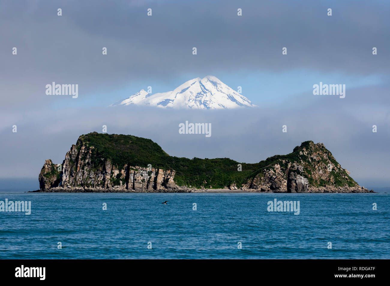 Bird Island in Cook Inlet with Redoubt Volcano (10,197 ft) in the background, Alaska Stock Photo