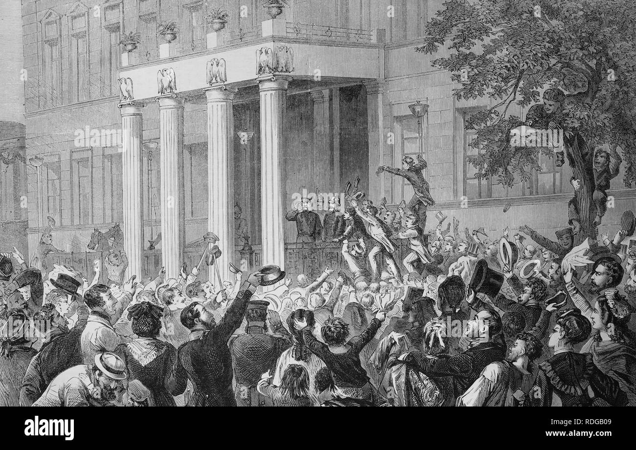 Reception of King Wilhelm I of Prussia at the Royal Palais in Berlin, July 15th 1870, historic illustration, illustrated war Stock Photo