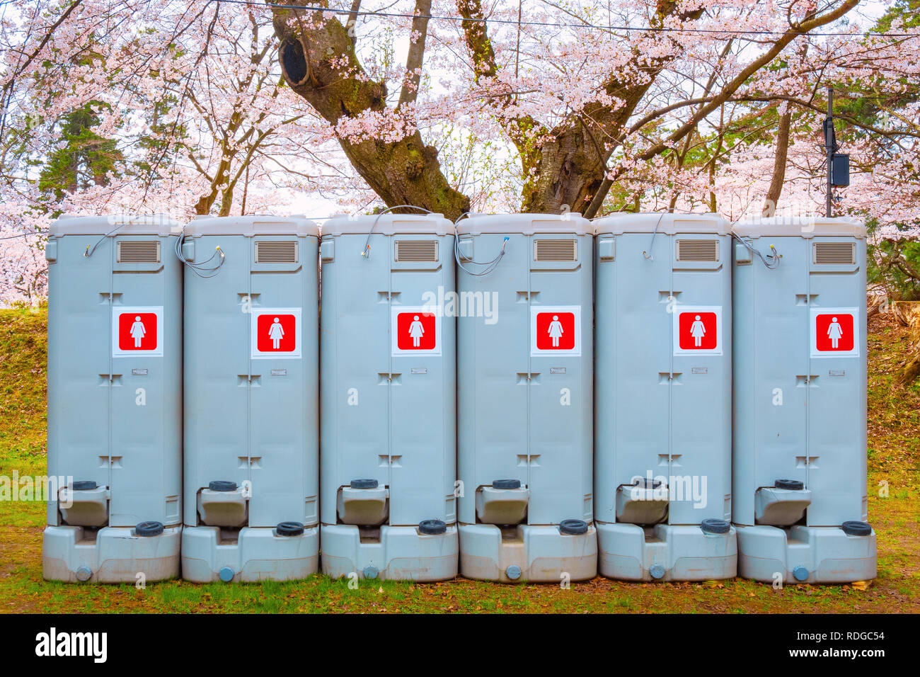 Hirosaki, Japan - April 23 2018: Public toilets prepared for tourist during the full bloom cherry blossom period in Hirosaki Park Stock Photo