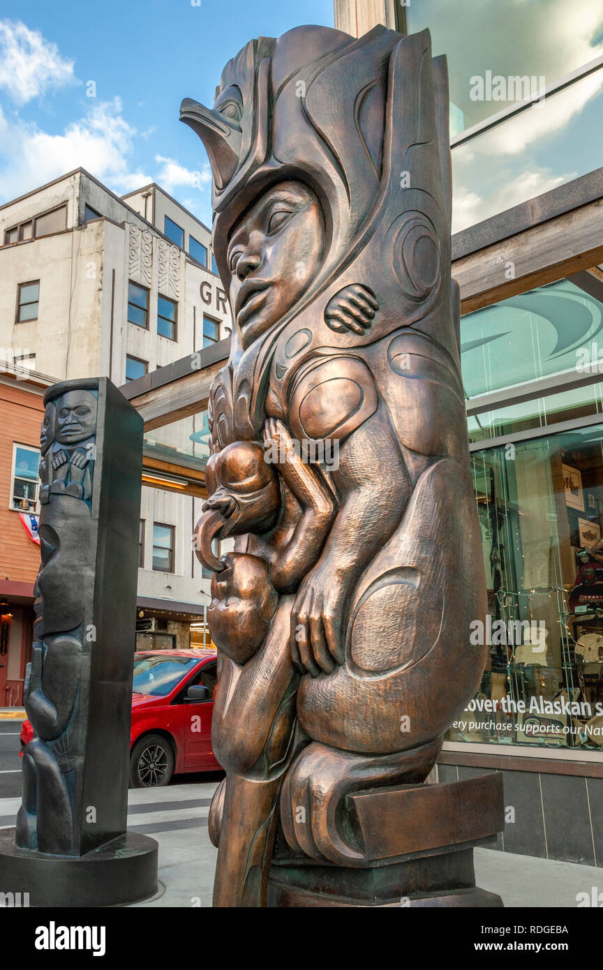 September 14, 2018 - Juneau, AK: Bronze sculptures by Tsimshian native artist David R. Boxley and Tlingit Native artist Stephen Jackson on Front St. Stock Photo