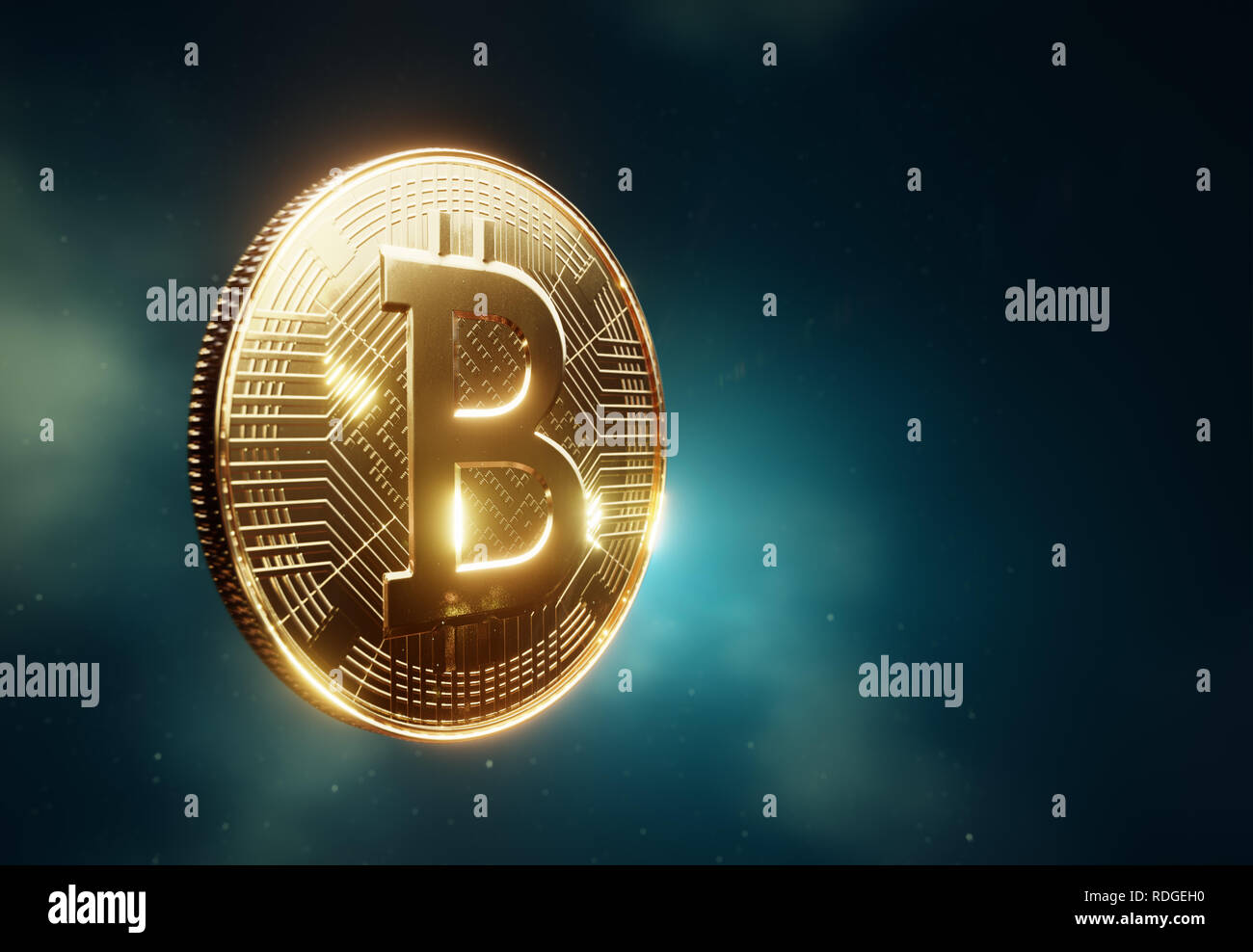 Bitcoin coin visualization, side view in a cloudy space, 3D illustration Stock Photo