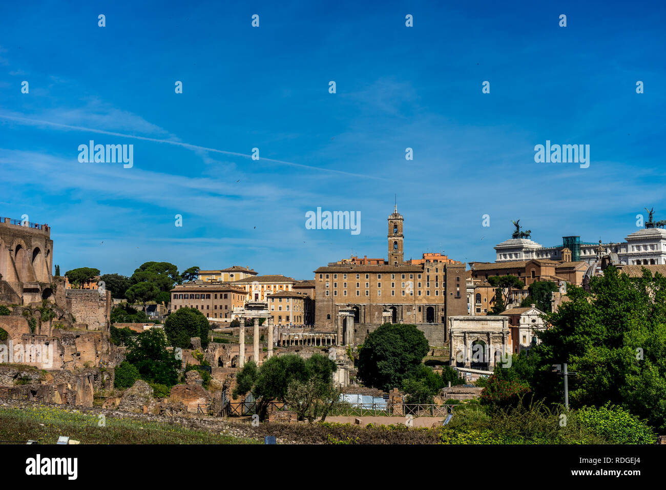The ancient ruins at the Roman Forum at Rome. Famous world landmark. Scenic urban landscape. Stock Photo