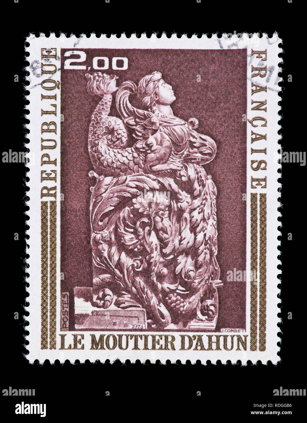 Postage stamp from France depicting the Moutier-D'ahun wood sculpture Angel Stock Photo