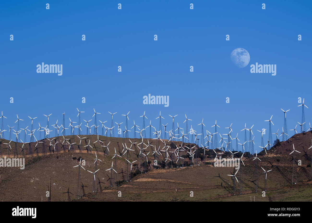 Tehachapi, California, USA - June 12, 2011: Wind farms in wind power generation. Mechanical energy being transformed into electrical energy, with the  Stock Photo