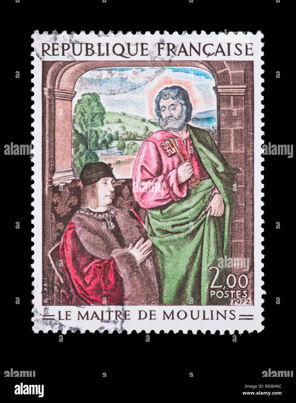 Postage stamp from France depicting the Maitre de Moulins painting "St. Peter Presenting Pierre de Bourbon" Stock Photo