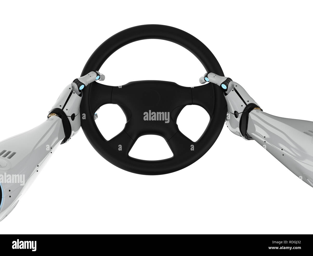 Autonomous car concept with 3d rendering robot arm hold steering wheel isolated on white Stock Photo