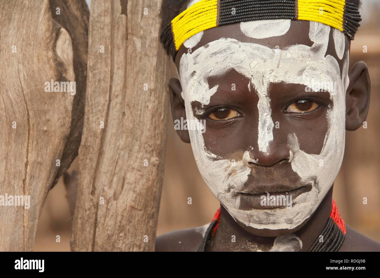 Karo boy with facial paintings, portrait, Omo river valley, Southern Ethiopia, Africa Stock Photo