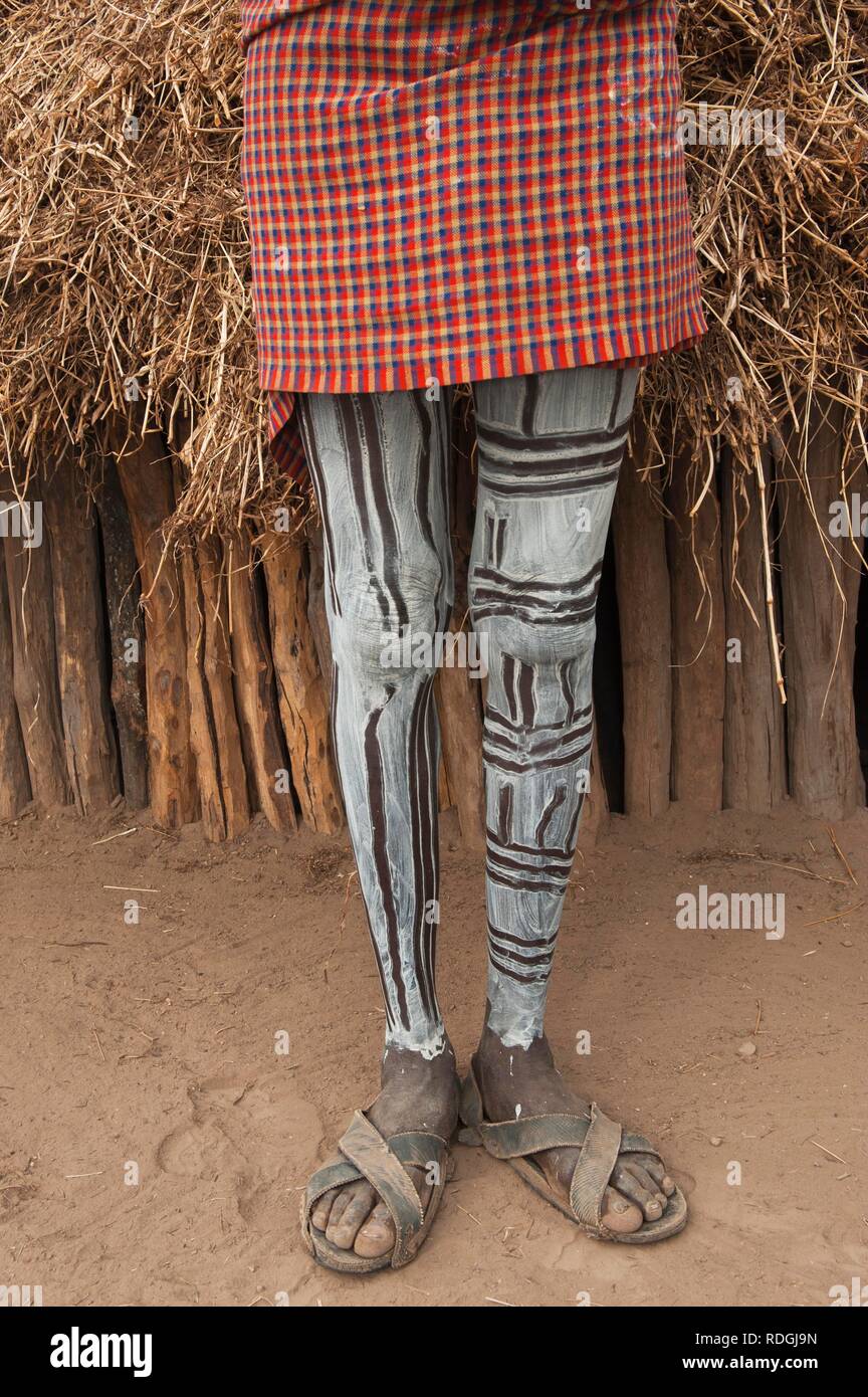 Painted legs of a Karo Man, Omo river valley, Southern Ethiopia, Africa Stock Photo