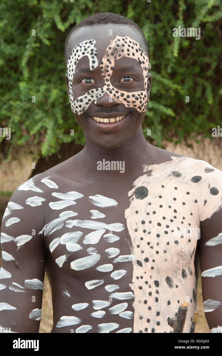 Young Karo man with body and facial paintings, Omo river valley, Southern Ethiopia, Africa Stock Photo
