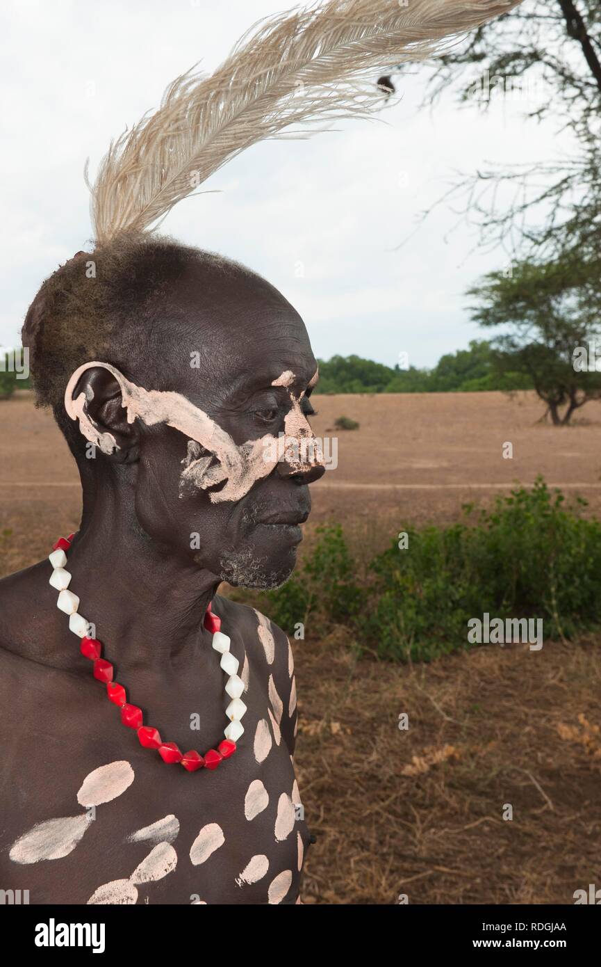 Karo man with body and facial paintings, Omo river valley, Southern Ethiopia, Africa Stock Photo