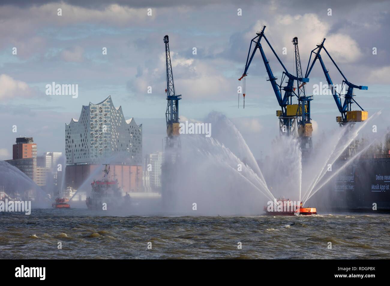 Fireboat, Port, Elbe, Elbe Philharmonic Hall, HafenCity, Hamburg, Germany Stock Photo