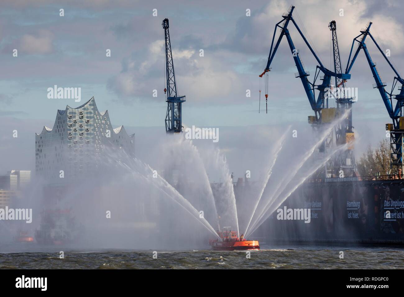 Fireboat, Port, Elbe, Elbe Philharmonic Hall, HafenCity, Hamburg, Germany Stock Photo