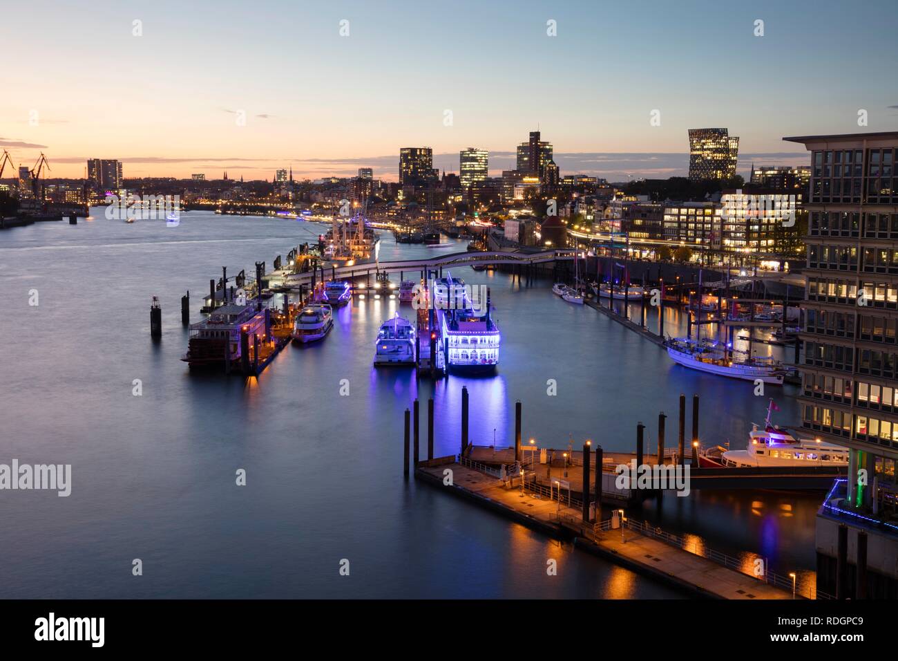 View towards Überseebrücke and St. Pauli Piers, Hamburg, Germany - Stock Image