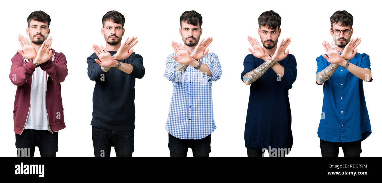 Collage of young man over isolated background Rejection expression ...