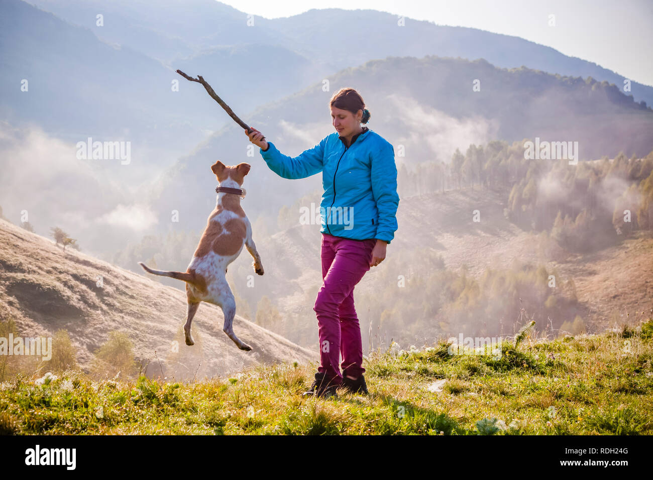 woman playing with her dog in beautiful mountain scenery in spring Stock Photo