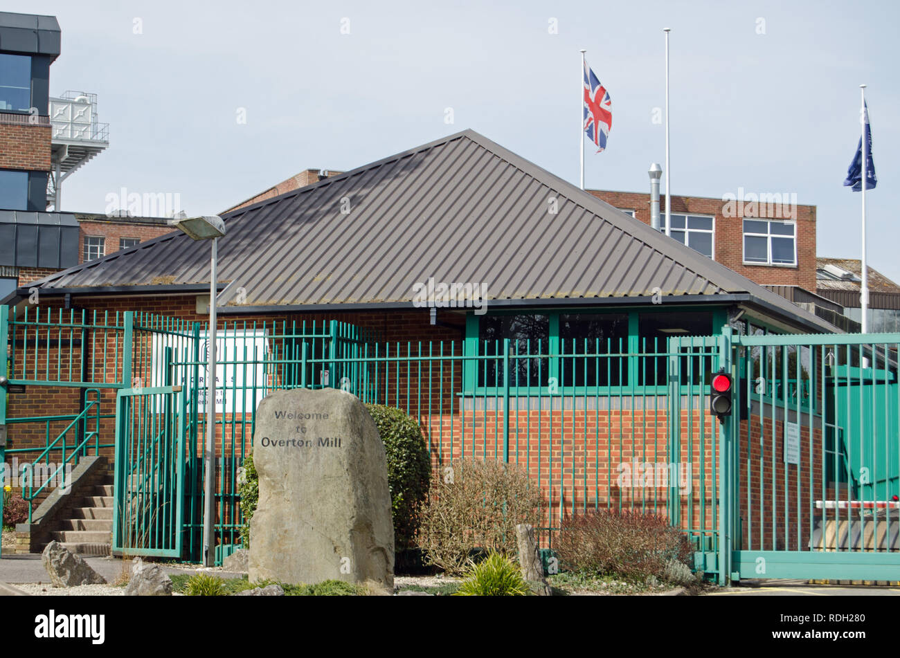OVERTON, HAMPSHIRE, UK - APRIL 6, 2018:  Security entrance to the Portals bank note printing works at Overton Mill in Hampshire.  First used by the Ba Stock Photo