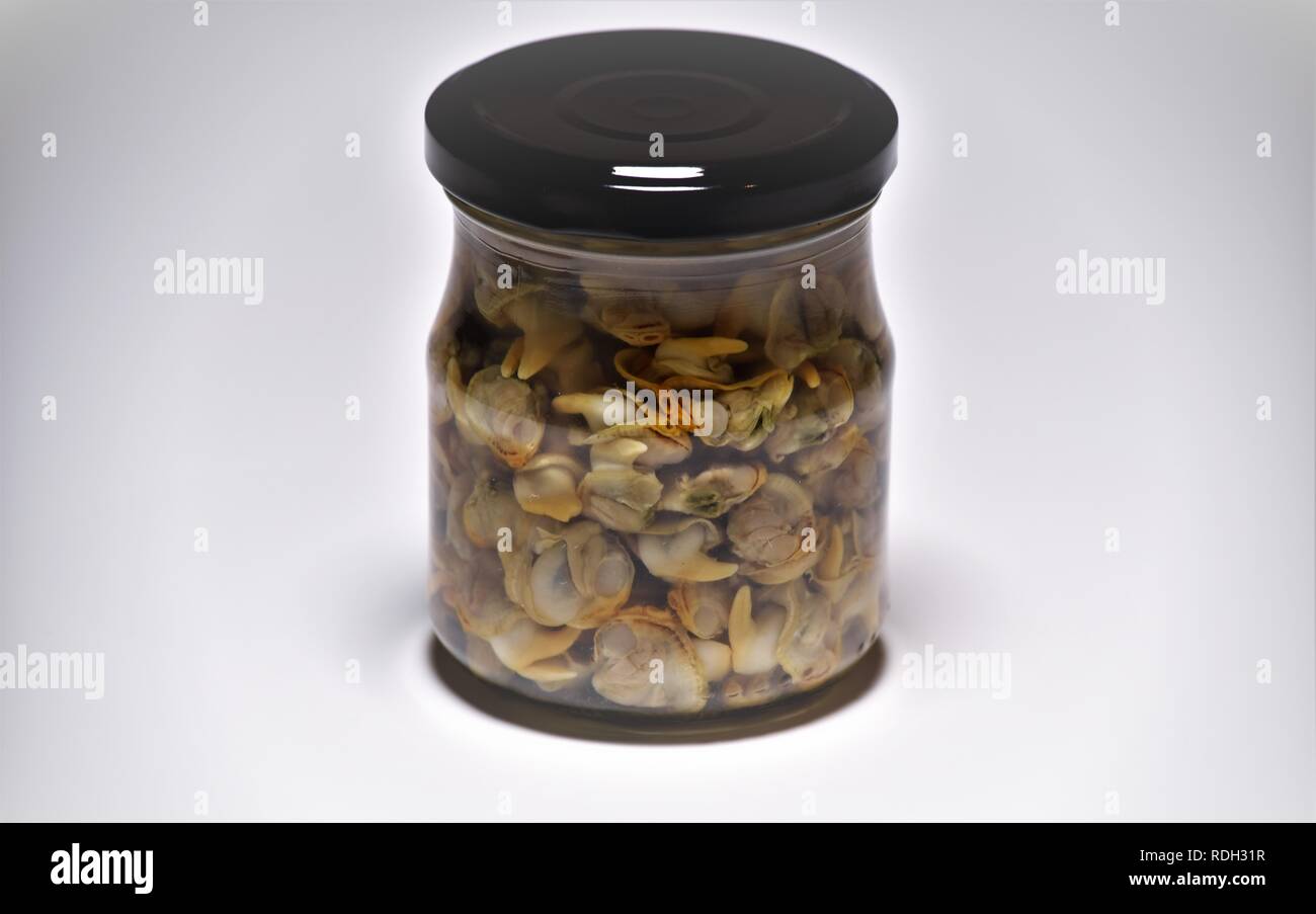 Capture of jar of cockles ( cerastoderma edule ) pickled in vinegar. With no brand lable. Stock Photo
