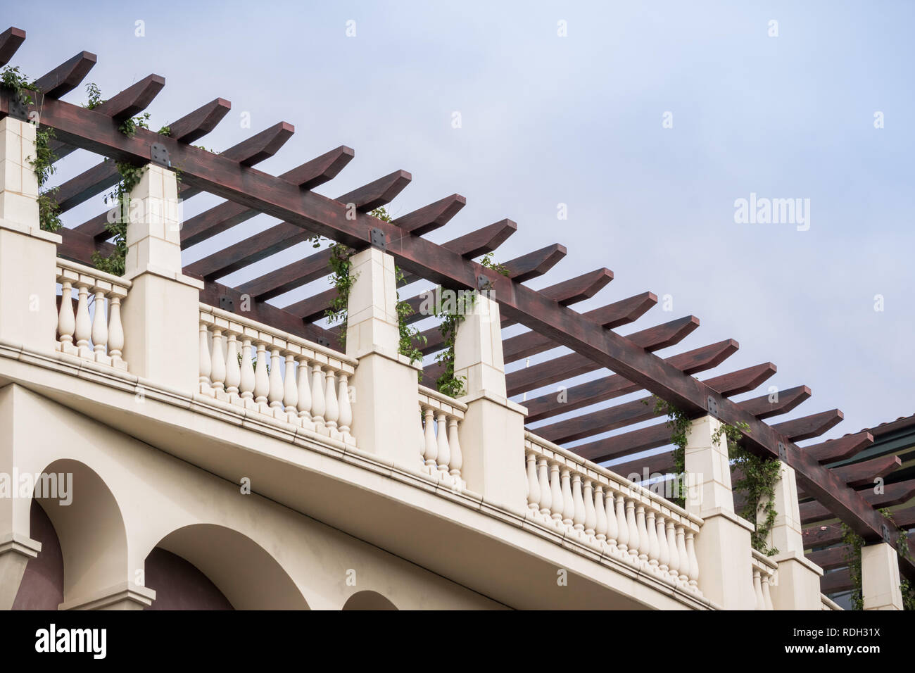 Wooden pergola on a building rooftop, San Jose, south San Francisco bay