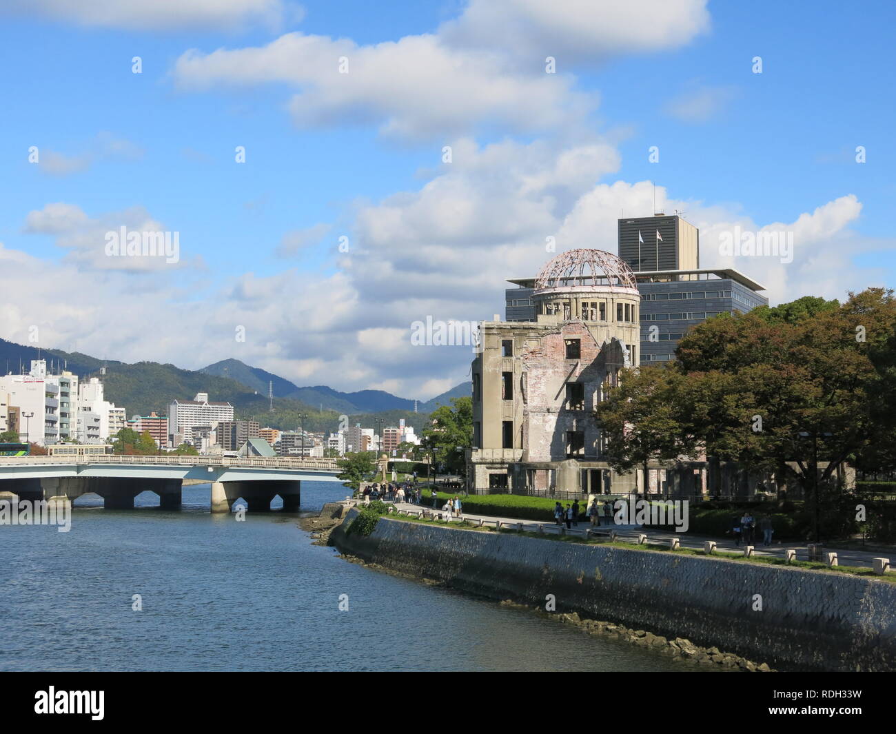 The A-bomb Dome at Hiroshima Peace Memorial Park; the skeletal remains of the former Hall, closest to the hypocentre of the nuclear attack. Stock Photo